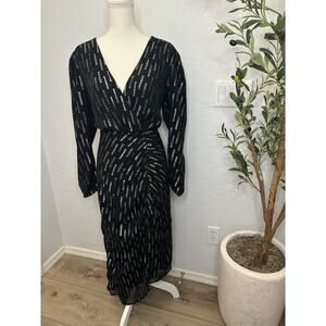 Express Black & Metallic Wrap Ruched Front Asymmetrical Midi Dress